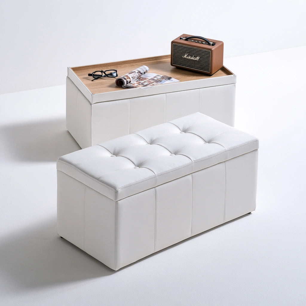 Banc coffre rembourré aux lignes épurées pliant, coloris blanc